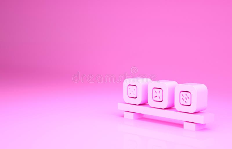 Sushi rosa en el icono de la tabla de corte aislado en fondo rosa. sushi de comida asiática en tablero de madera. concepto de minimalismo ilustración 3d representación 3d.