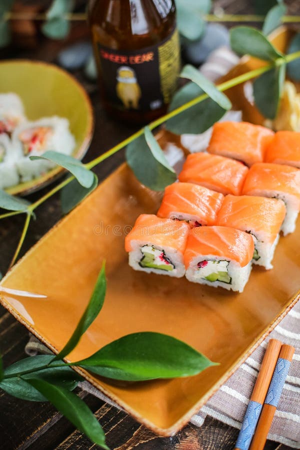 Sushi with Salmon and Avocado. Sushi Roll with Salmon and Tempura