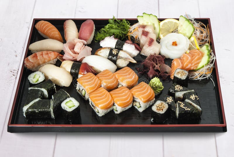 Sushi, Sashimi Set on Black Plate Stock Image Image of delicious