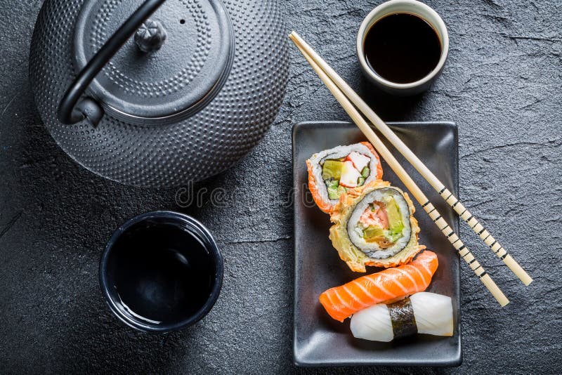 Sushi served with tea