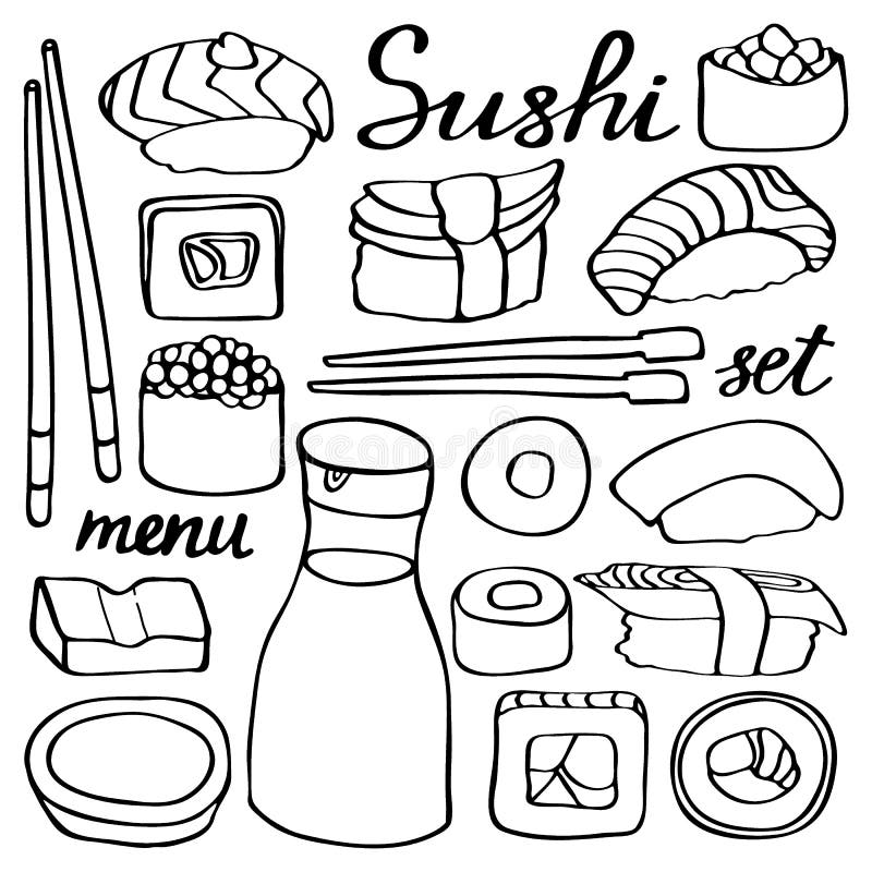 Download Sushi Set. Hand-drawn Cartoon Collection Of Stock Vector ...