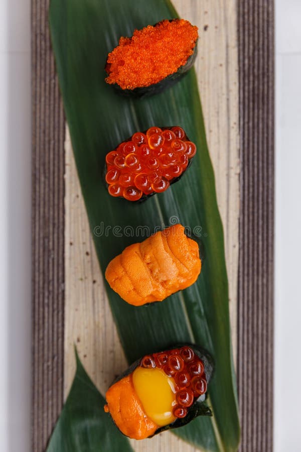 Sushi Set Include Tobiko Ikura Sea Urchin and Ikura Urchin and Quail Sushi Set Include Tobiko Ikura Sea Urchin and Ikura Urchin and Quail