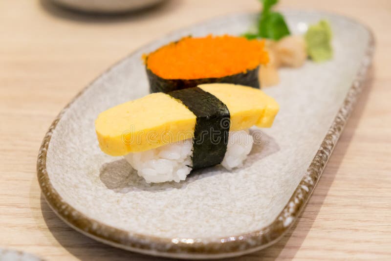 Sushi shrimp eggs and egg sushi tamago sushi