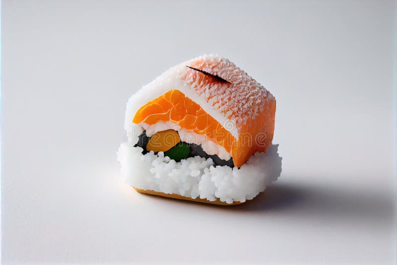 A sushi with a variety of ingredients on it sitting on a white surface with a white background and a blue frame royalty free illustration