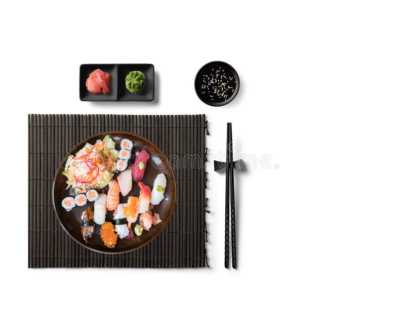 Sushi Vastgestelde nigiri, sushibroodjes en sashimi royalty-vrije stock afbeelding