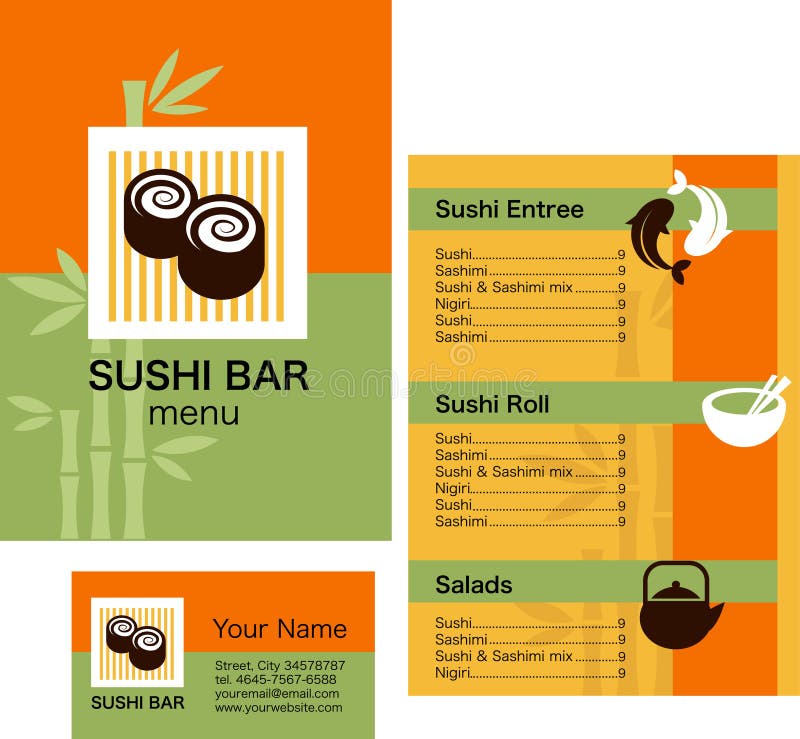 Sushimenymall och affärskort, med logo stock illustrationer Sushimenymall och affärskort, med logo stock illustrationer
