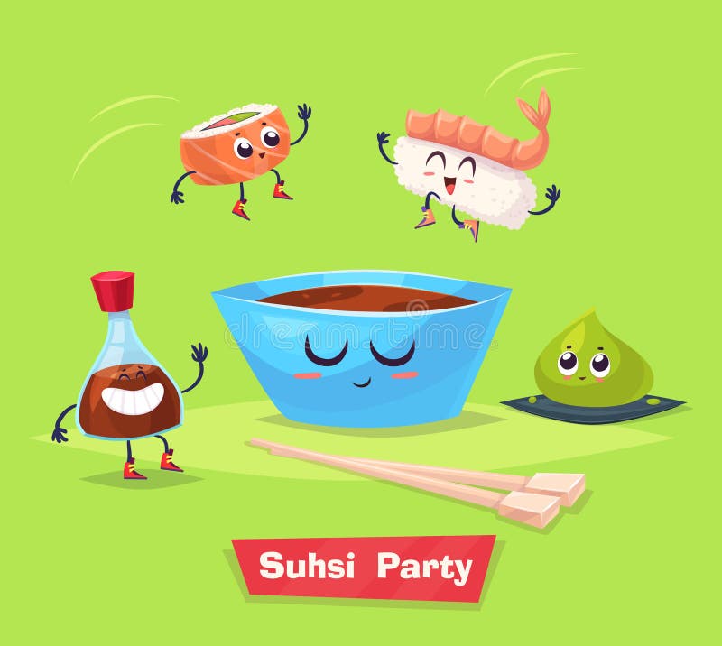 Sushipartij Sojasaus en sushibroodje japans stock illustratie Sushipartij Sojasaus en sushibroodje japans stock illustratie