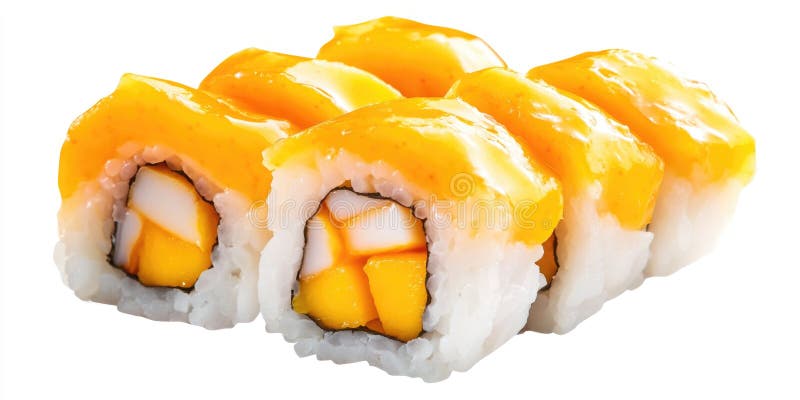 Sushirol met gele coating en fruit topping royalty-vrije stock afbeelding
