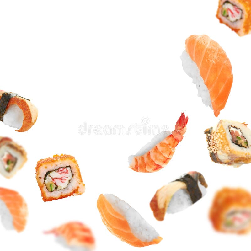Sushistukken die op witte achtergrond vliegen stock afbeelding Sushistukken die op witte achtergrond vliegen stock afbeelding