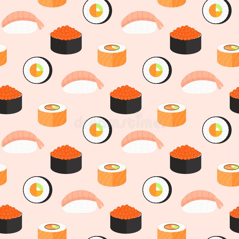 Sushiuppsättning, rullar med laxen, nigiri med räka, maki Sömlös modell för traditionell japansk mat royaltyfri illustrationer Sushiuppsättning, rullar med laxen, nigiri med räka, maki Sömlös modell för traditionell japansk mat royaltyfri illustrationer