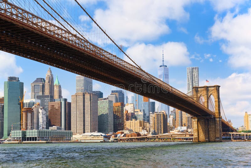 Suspended Brooklyn Bridge Across Lower Manhattan and Brooklyn. N Stock ...