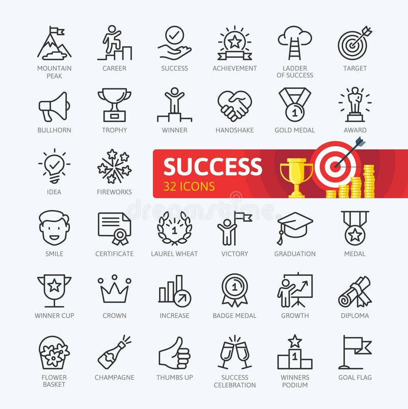 Sussess, premios, elementos del logro - línea fina mínima sistema del icono del web Colección de los iconos del esquema