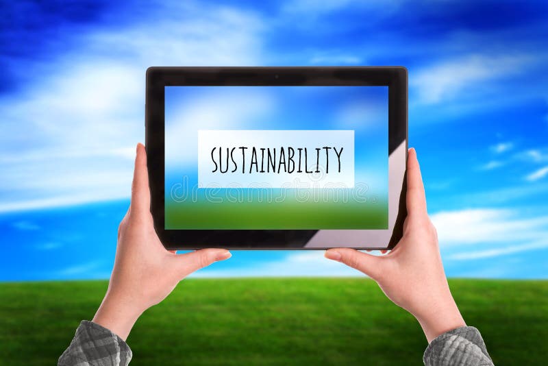 Sustainability Concept, Woman with Digital Tablet Computer Outdo royalty free stock image Sustainability Concept, Woman with Digital Tablet Computer Outdo royalty free stock image