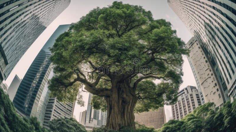 Sustainability and sustainable development concept. Large leafy green tree is preserved in the middle of the modern city of vector illustration