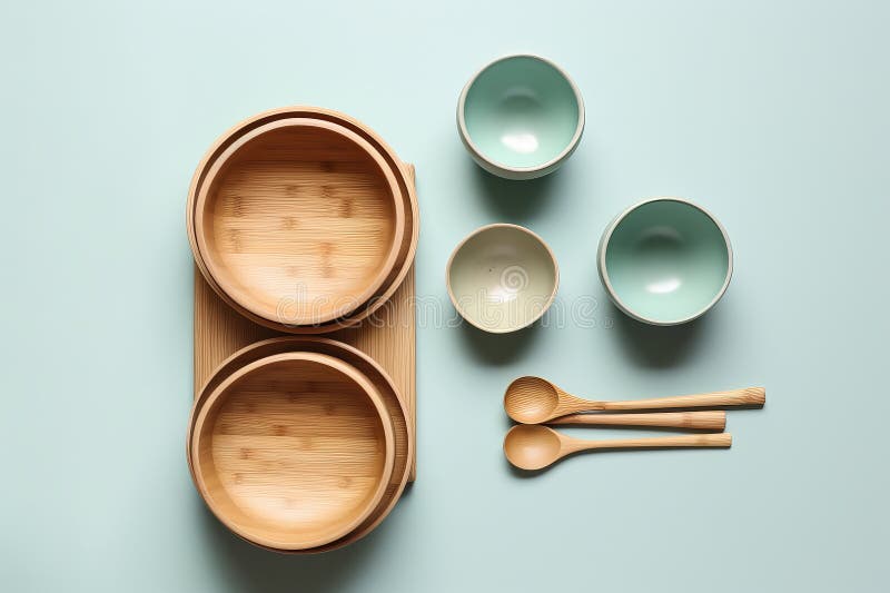 Sustainable Bamboo Natural Plates and Bowls. Generative Ai Stock