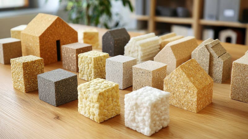 Sustainable Building Materials House Model Composition, Insulation Samples, Eco-Friendly Construction, Cork, Insulation vector illustration