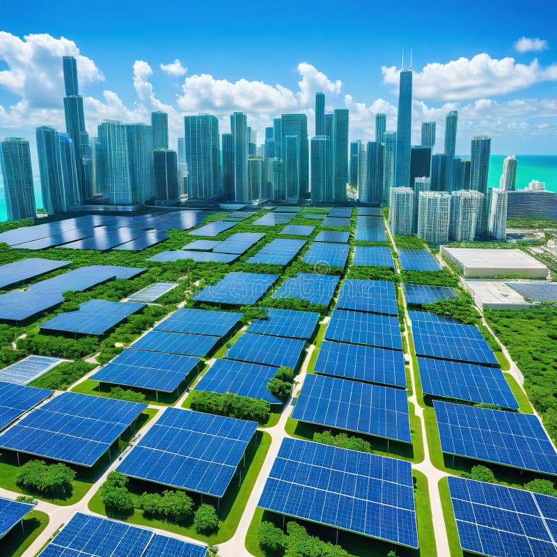 A Sustainable Cityscape with Solar Panels and Green Roofs Under a Clear ...
