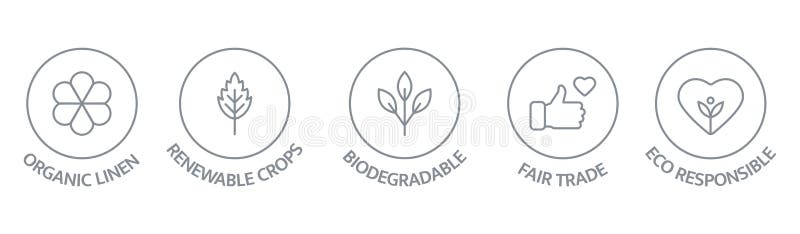 Sustainable clothes line icon set. Slow fashion badge. Organic cotton, natural dyes label. Eco viscose product logo