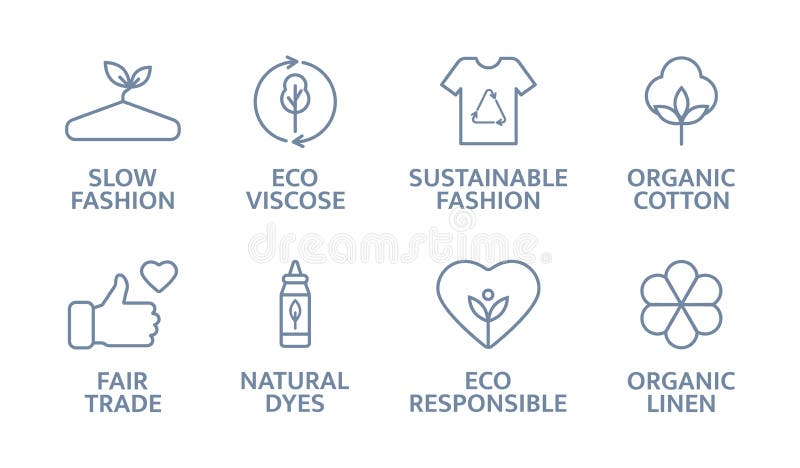 Sustainable clothes line icon set. Slow fashion logo. Eco viscose product badge. Organic cotton, natural dyes, renewable