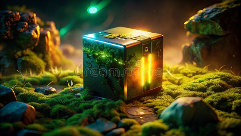 Sustainable Data Storage An EcoFriendly External Hard Drive Resting on MossCovered Stone Bathed in Sunlight stock illustration