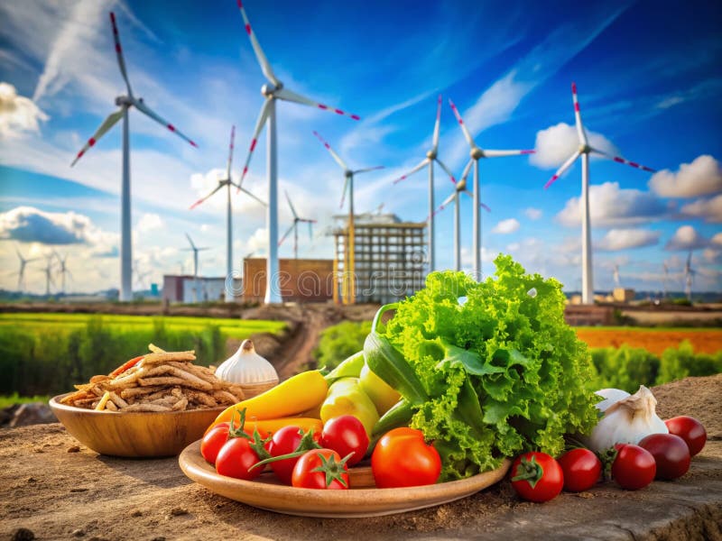 Sustainable Energy Future A Wind Turbine Project Integrated with a Fresh Food Production System Innovative Approach to vector illustration