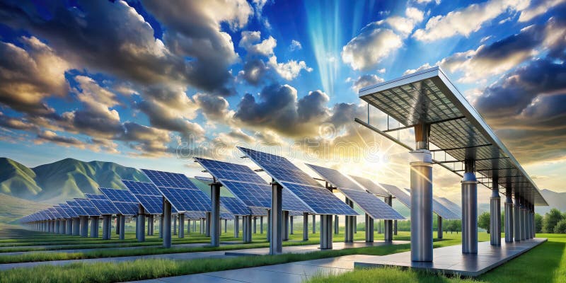 Sustainable energy solution rows of solar panels basking in golden hour sunlight against a dramatic sky and rolling hills. royalty free illustration