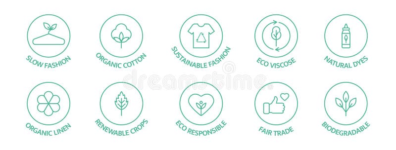 Sustainable fashion line icon set. Eco viscose product logo. Slow fashion badge. Organic cotton, natural dyes, renewable