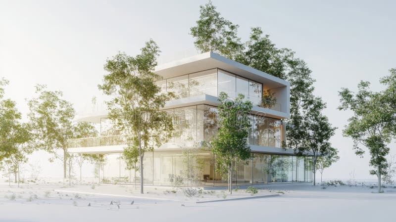 Sustainable modern office building surrounded by trees for heat reduction and co2 mitigation stock illustration