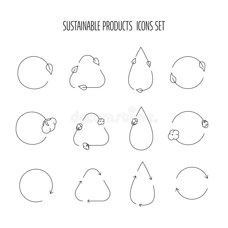 Sustainable product, fabric icon set for eco friendly, natural fabric product, clothing and food packaging. Vector stock