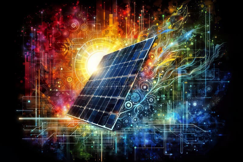 Sustainable Synergy: Solar Panel Blends with Abstract Beauty, generative ai stock illustration