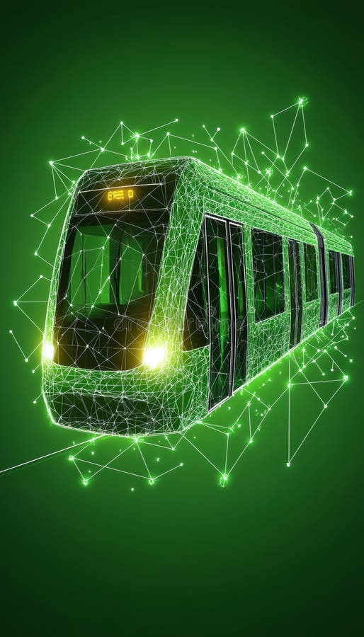 Sustainable Transportation Solution 3D Render of a Modern Tram with Green Network Visualization stock illustration
