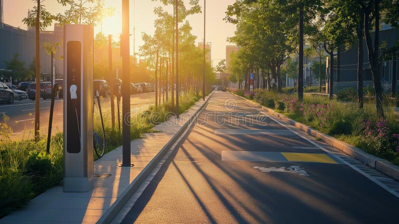 Sustainable urban development project, showcasing integrated transportation solutions, including walking paths, cycling lanes, and EV charging stations. Development ev stock images, royalty-free photos and pictures