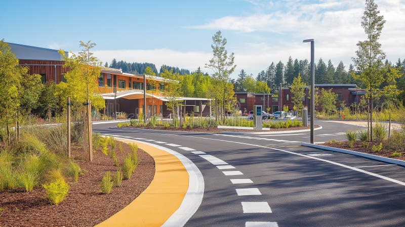 Sustainable urban development project, showcasing integrated transportation solutions, including walking paths, cycling lanes, and EV charging stations. Development ev stock images, royalty-free photos and pictures