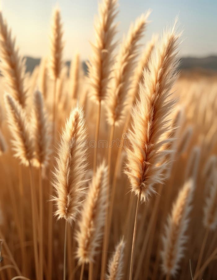 Suszone pampas pole trawy w miękkim złotym świetle. plumsy suszonej trawy tworzą rustykalne piękno naturalne. scena jesienna na ws ilustracji