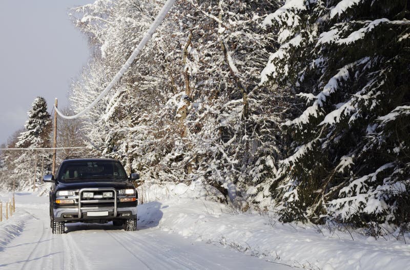 Suv, car, driving in snowy country