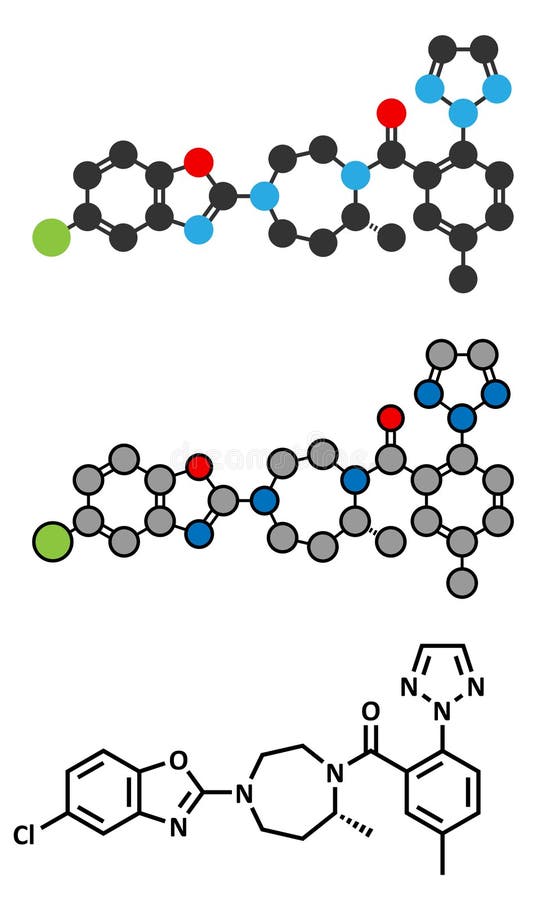 Suvorexant insomnia drug (sleeping pill) molecule. Dual orexin receptor antagonist (DORA). Conventional skeletal formula and stylized representations