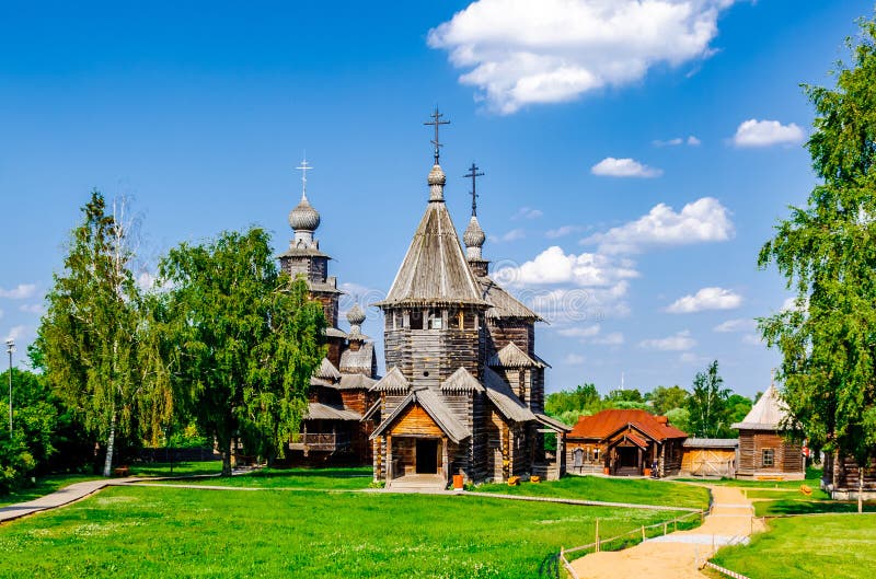 Wooden Russian church in Suzdal, Russia. Orthodox temple in museum of architecture.