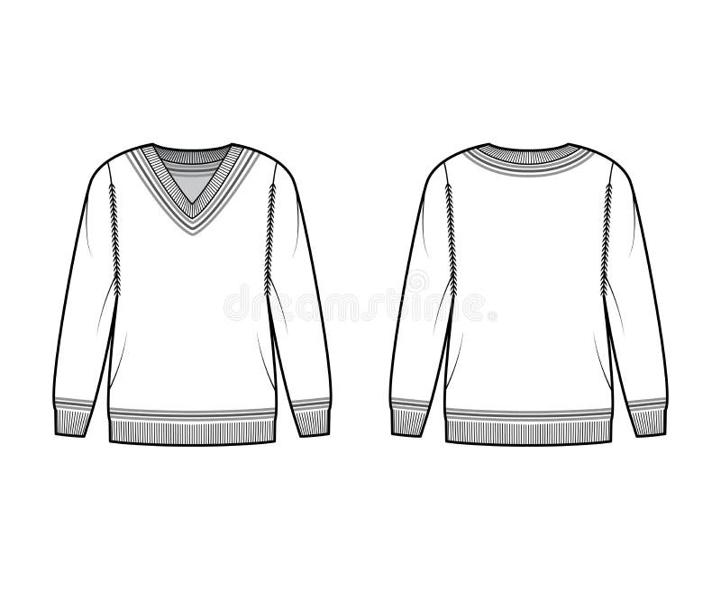Cricket Sweater technical fashion illustration with stripes, rib V-neck, long sleeves, oversized, hip length, knit cuff trim. Flat apparel front, back, white color style. Women, men unisex CAD mockup. Cricket Sweater technical fashion illustration with stripes, rib V-neck, long sleeves, oversized, hip length, knit cuff trim. Flat apparel front, back, white color style. Women, men unisex CAD mockup
