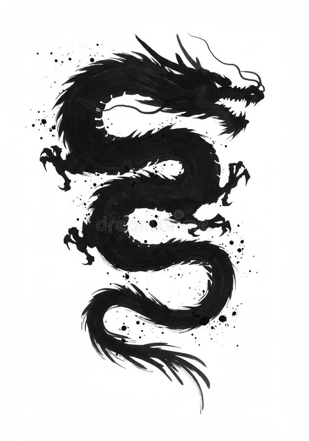 Svart bläckbild av en traditionell asiatisk dragon som illustreras med en flytande vätskeform vektor illustrationer