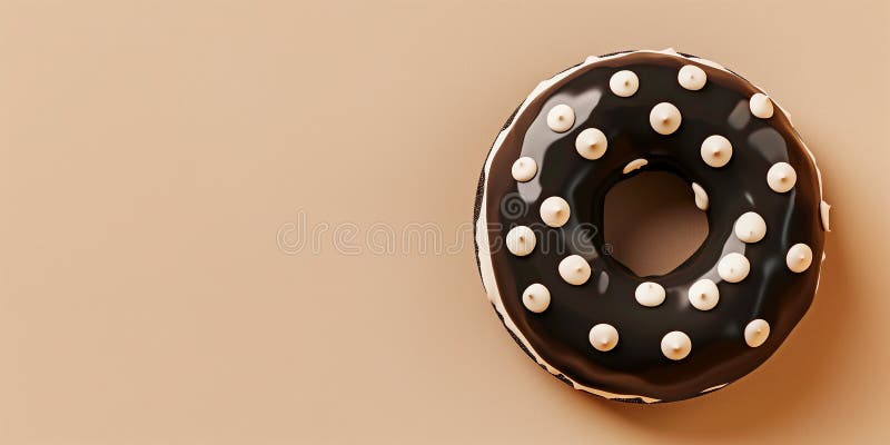 Svart donut med märkpunkter på gräddbakgrunden. kopieringsutrymme för banderoll stock illustrationer