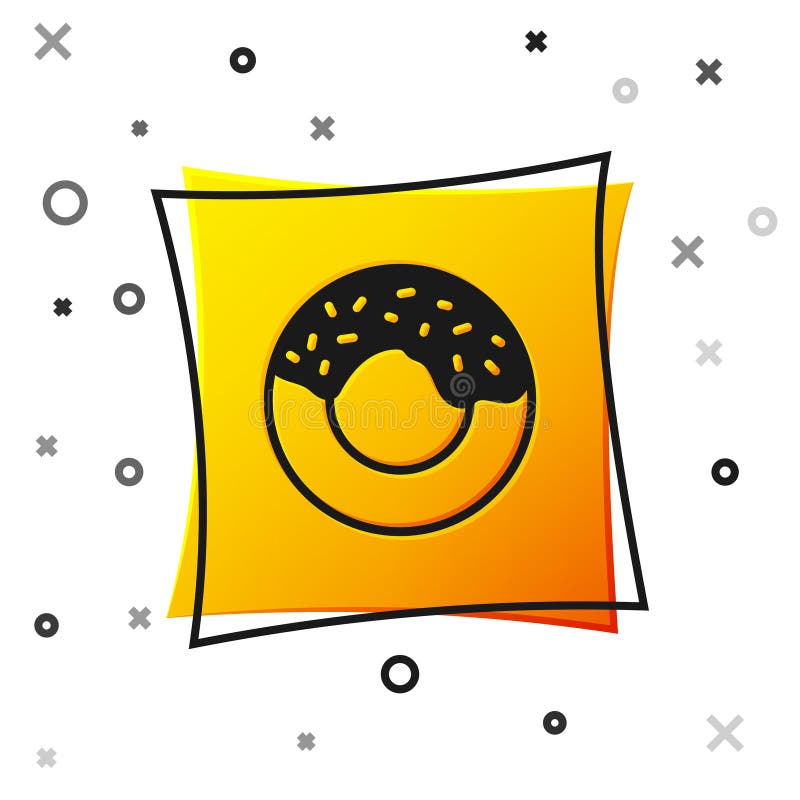 Svart donut med söt glasruta isolerad på vit bakgrund. gul kvadratisk knapp. vektor stock illustrationer
