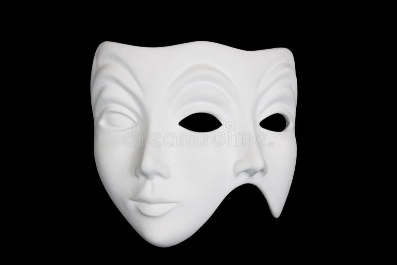 Double face white mask isolated over black background. Double face white mask isolated over black background