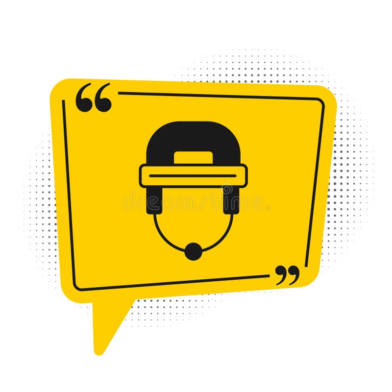 Black Hockey helmet icon isolated on white background. Yellow speech bubble symbol. Vector. Black Hockey helmet icon isolated on white background. Yellow speech bubble symbol. Vector.