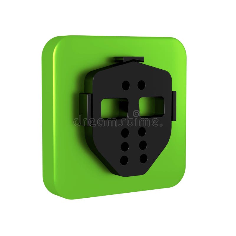 Black Hockey mask icon isolated on transparent background. Happy Halloween party. Green square button. Black Hockey mask icon isolated on transparent background. Happy Halloween party. Green square button..