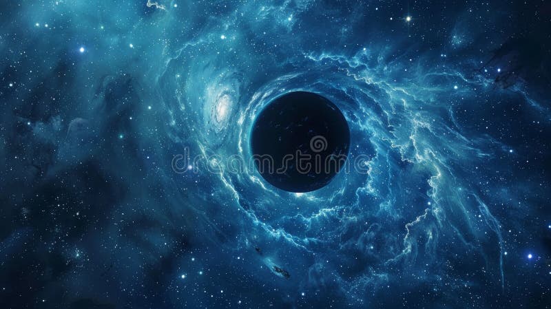 Svart hål omgivet av snurrande nebuli djup rymdvy. Begreppet astrofysik och kosmiska fenomen royaltyfria bilder