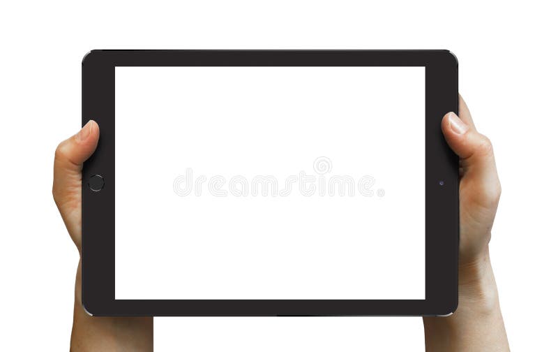 Black iPad Air 2 in woman's hands isolated on white in horizontal mode. Black iPad Air 2 in woman's hands isolated on white in horizontal mode.