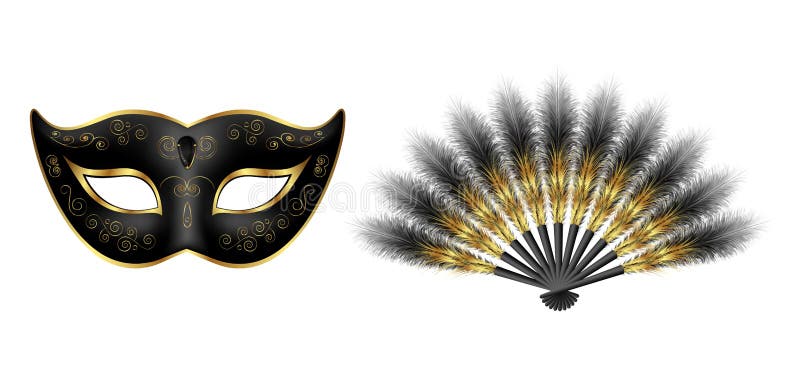Svart karnevalsmask, maskerad fjäderfläkt med guld