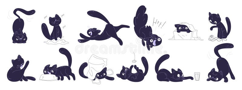 Svart katter. Lustigt kattunge i boxen halloween söt silhouette dispositionsikon för husdjur, kattapa med enkel svans royaltyfri illustrationer