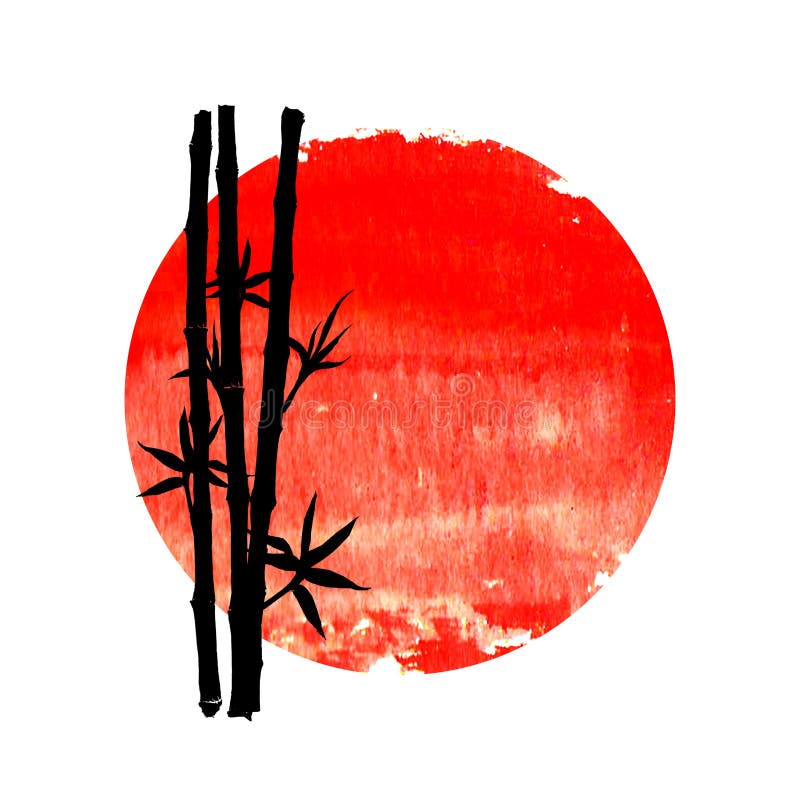 Svart kontur av bambuväxter på den stora röda solen royaltyfri illustrationer Svart kontur av bambuväxter på den stora röda solen royaltyfri illustrationer