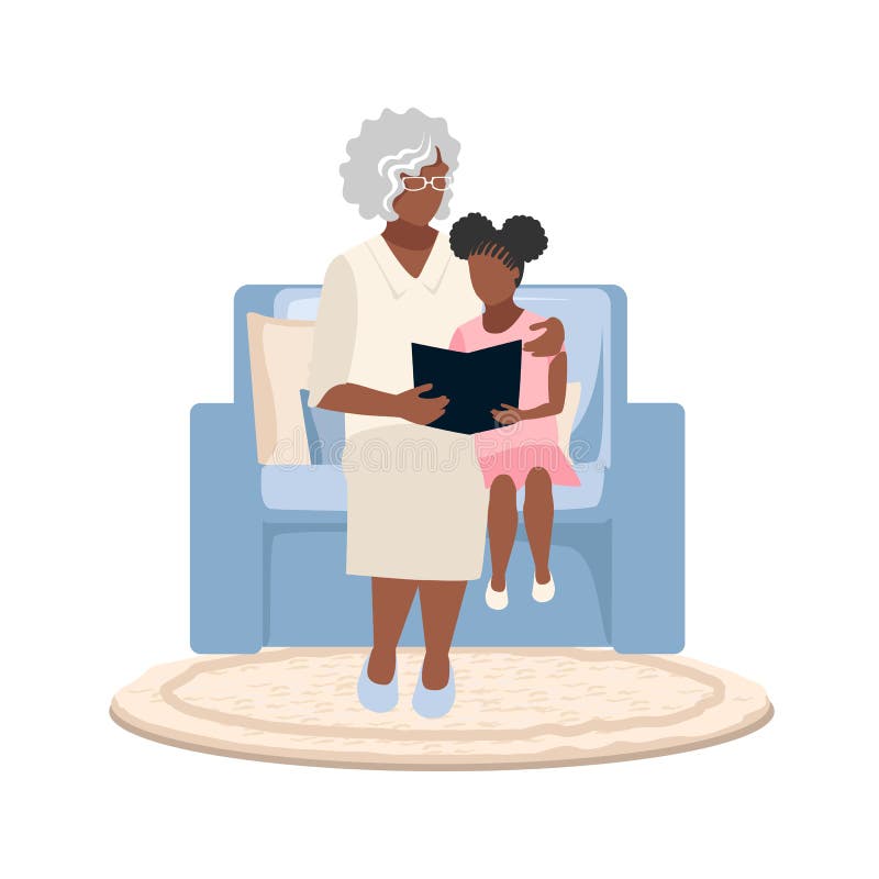 Svart mormor sitter i en stol och läser en bok till sin barndotter stock illustrationer